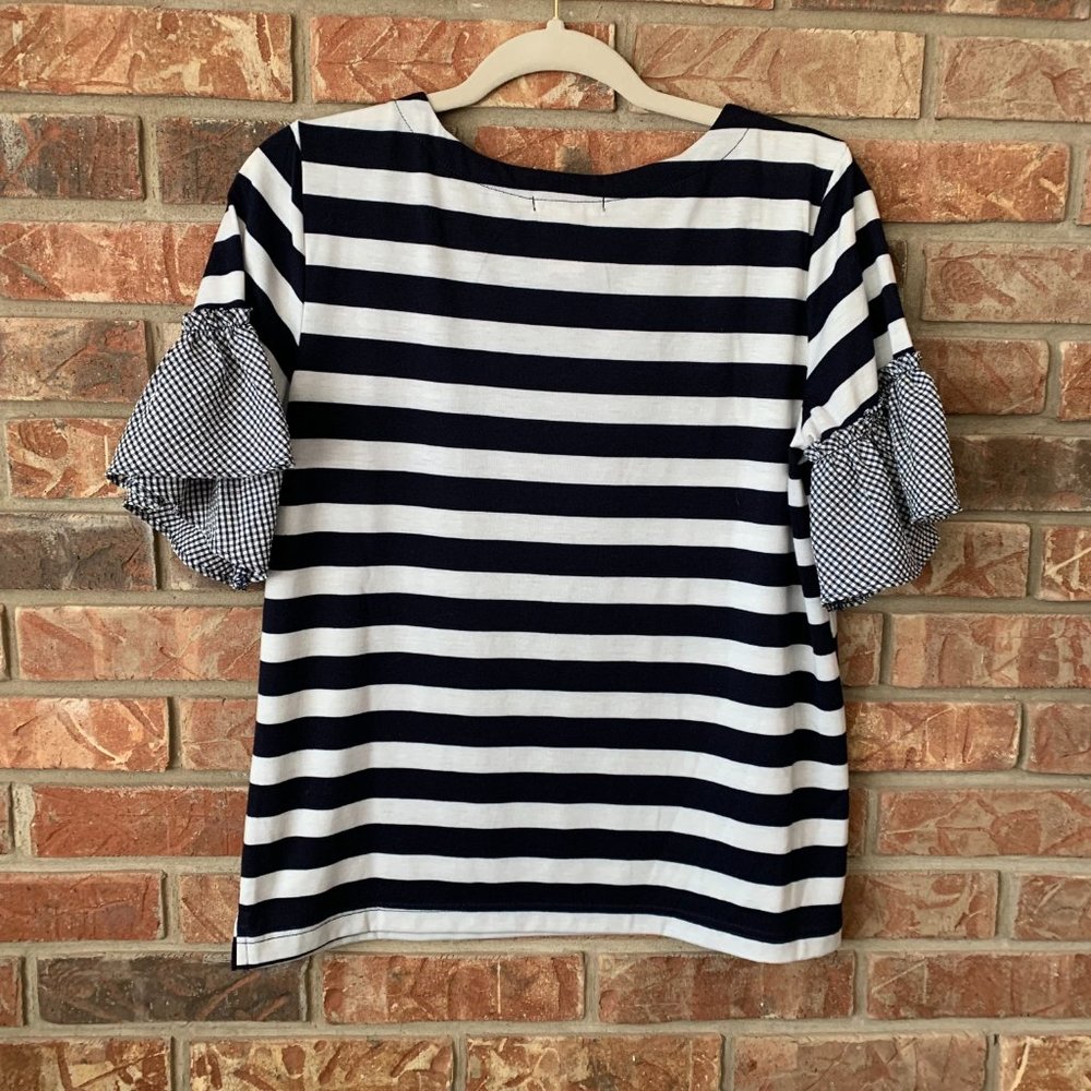 Women's Isela Navy and White Striped Gingham Nautical Ruffled Sleeves Blouse EUC - Picture 2 of 11